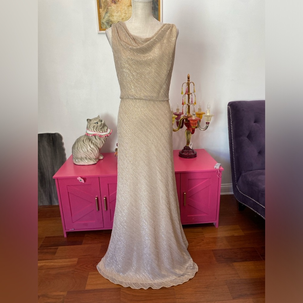 JENNY YOO MADELYN DRAPE NECK GOLD METALLIC GOWN MAXI DRESS SIZE 14 - Picture 2 of 12